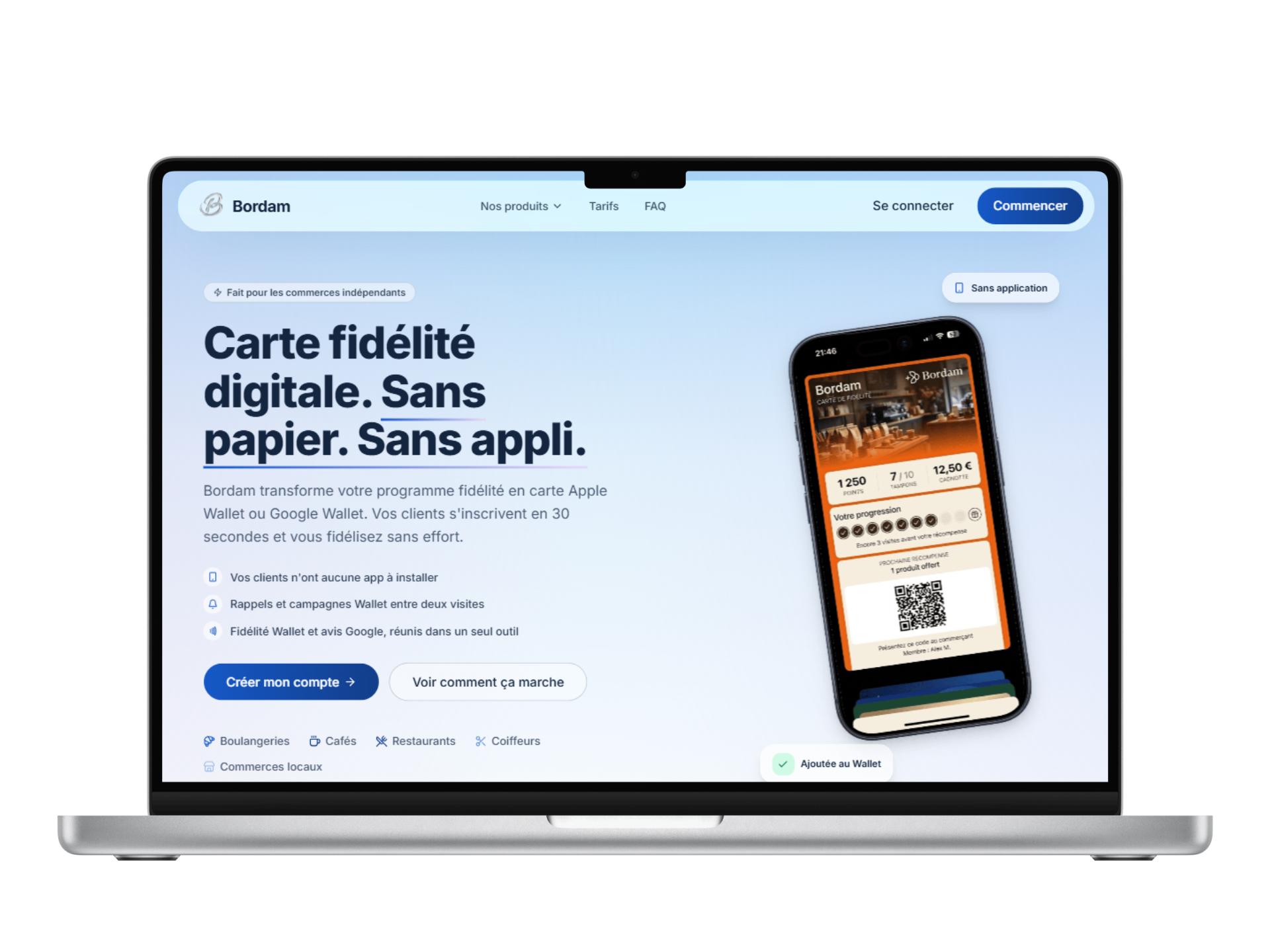 Le site Bordam affiché sur ordinateur portable — exemple du niveau de finition apporté à chaque site vitrine sur mesure.